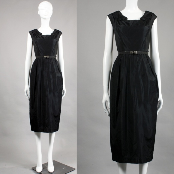 💣 M/L Vintage 1940s Little Black Dress SILK - Picture 2 of 8